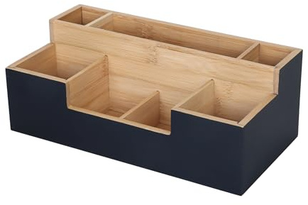 Relaxdays skrivbordsarrangör i bambu, 7 fack, H x B x D: 11 x 30 x 15 cm, kontorsförvaring, skrivbordslåda, svart/naturlig