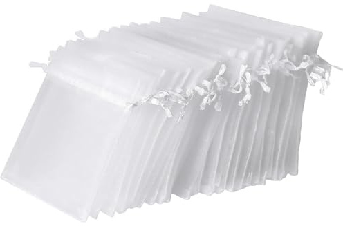 vaolmlop 60 White Organza Bags 10 x 12 cm with Drawstring | 60 white 10 x 12 cm drawstring pouches for jewellery, sweets, lavender and event favours.