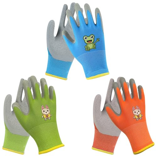 ZXTGBQ 3 Paia Guanti da Giardinaggio per Bambini Guanti Protettivi in Lattice Protettivi con Rivestimento Palmo per Esterni, Pittura & Fai da Te, Ragazzi & Ragazze
