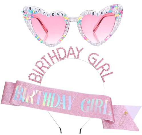PEOVLVN 3Pcs Birthday Girl Sash Headband and Sunglasses Set Pink Princess Crown Tiara Birthday Party Decorations for Women Girls