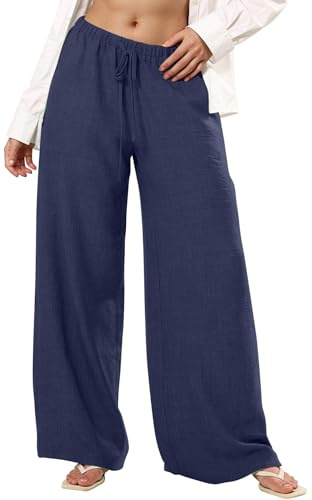 WINKEEY Pantalon Lin Large Femme Pantalon Bohème d'Été Fluide Léger avec Poches Palazzo Taille Élastique à Cordon
