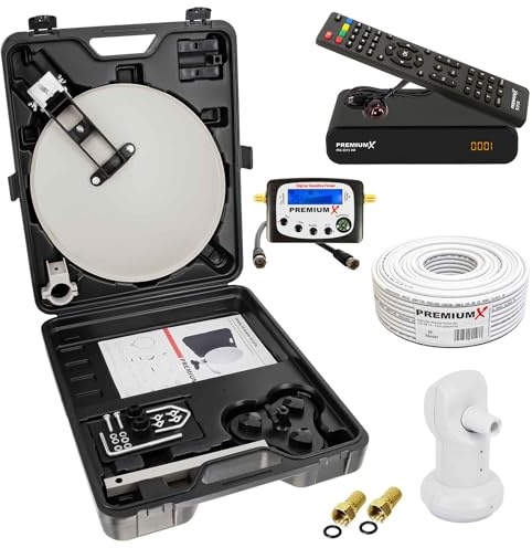 Premium X Camping Satelliten Anlage komplett Satellitenschüssel HD TV Receiver SAT-Finder Single LNB 10m Kabel F-Stecker im Koffer