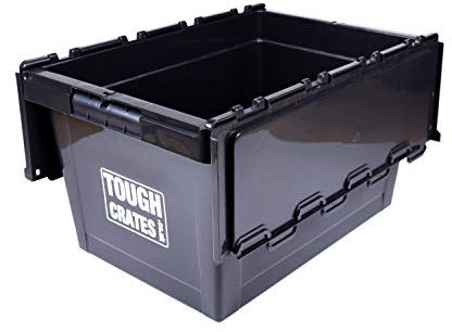 Tough Crates 5 x Heavy Duty Plastic Storage Boxes Black With Attached Lids Tote Boxes (60 Litre)