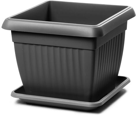 IMJ-Global Vaso Fioriera con Sottovaso Fiori TERRA DKWT15-PKWT14 H13 da interno esterno Quadrato Nero 1,7 Litri 15x15x13 cm design Classico in plastica da balcone Grigio Antracite