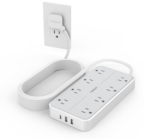 TESSAN Power Strip Surge Protector, 15FT Flat Plug Extension Cord with 8 Outlets 3 USB Charger(1 USB C), 1080 Joules Protection, Wall Mountable Charging Station for Home Office Dorm, Gray