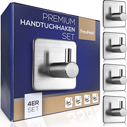 TreuFeld Handtuchhaken ohne Bohren 4 Stück selbstklebend Handtuchhalter Kleiderhaken Edelstahl Wandhaken stark Badezimmer Küche Handtuch Klebehaken Silber