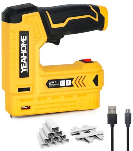 YEAHOME Electric Staple Gun, 2 in 1 Electric Light Duty Brad Nailer/Stapler, 3.7V Power Cordless Stapler Tacker with USB Charger Cable, 1000 Staples for Upholstery, Material Repair and Carpentry