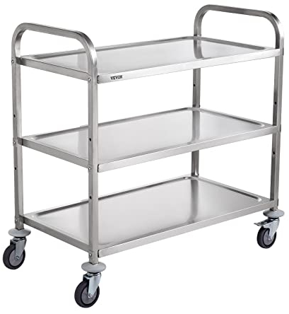 VEVOR Carrello da Cucina, 3 Ripiani, Carrello Acciaio Inox capacità Max. ca. 204,1 kg, Carrello di Servizio in Acciaio su Ruote, Carrello Portaoggetti in Acciaio Inox con Cestello 80 mm Manico Curvo