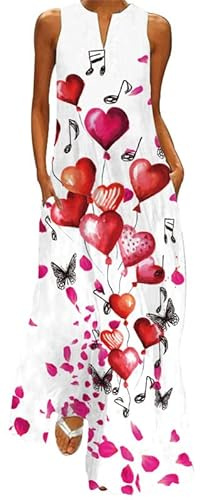 Ocean Plus Robes Maxi Imprimées Vintage sans Manches avec Col en V pour Femmes en Été (3XL, Ballon Coeur de Clef pétale)