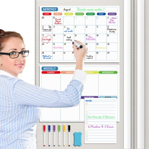 3 Pcs Magnetischer Wochenplaner, Whiteboard für Den Kühlschrank inkl. Monatskalender, Wochenplaner, To do Liste, Abwischbare Magnet-Tafel, Familienplaner inkl. 6 Marker & Radierer