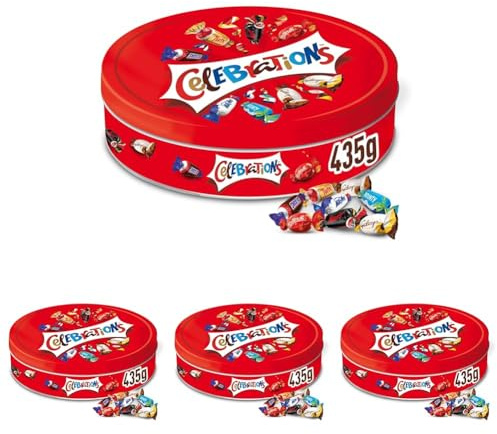 CELEBRATIONS - Boîte cadeau en métal avec assortiment de chocolat SNICKERS, TWIX, MARS, MALTESERS, BOUNTY et autres - 435g (Lot de 4)