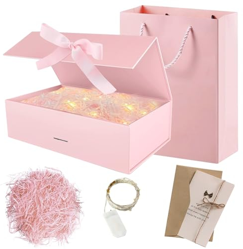 Geschenkbox mit Deckel, Faltbare Geschenkbox Hochzeit, 23 X 17 X 7 cm Magnetbox mit Schleife LED-Leuchten Grußkarten Geschenktüten für Weihnachten Geschenkverpackung Geburtstag Jubiläum-Geschenk Box