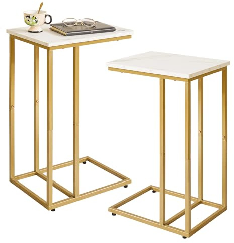 Aibiju 2 Stücke Beistelltische fürs Wohnzimmer, Betttisch Laptoptisch, Sofa Beistelltisch, Geeignet für Schlafzimmer, Wohnzimmer, Weiße Marmorfarbe Holzbretter mit Goldenem Metallrahmen, YD-TM051G-2