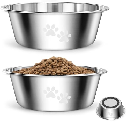 PETTOM Comedero para Perros Gatos 2x2020ml Acero Inoxidable Antideslizante Goma Bebedero para Comida Agua Tazon Cuenco para Perro Gato Mascotas Tazón Plato, 2 Unidades