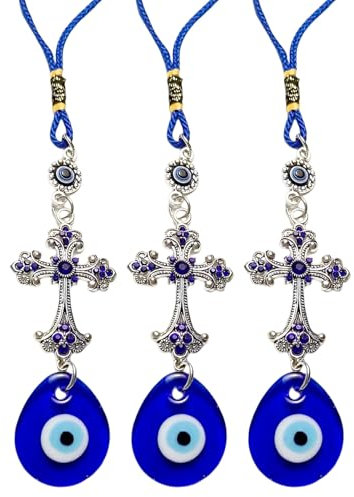Turc Bleu Evil Eye Tapisserie Murale 3 Pièces Oeil Bleu Protection Maison Pendentif Mauvais Oeil Ornement Amulette Maison Décoration Protection Bénédiction Cadeau avec Une Croix (Bleu Clair)
