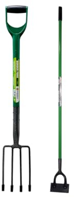 2 Piece Garden Border Digging Fork & Dutch Hoe Tool - Steel Gardening Soil Pitchfork Farm Set Handle | Cultivating All Types Of Soil | Garden Tool Set For Forking & Edging - 2pc