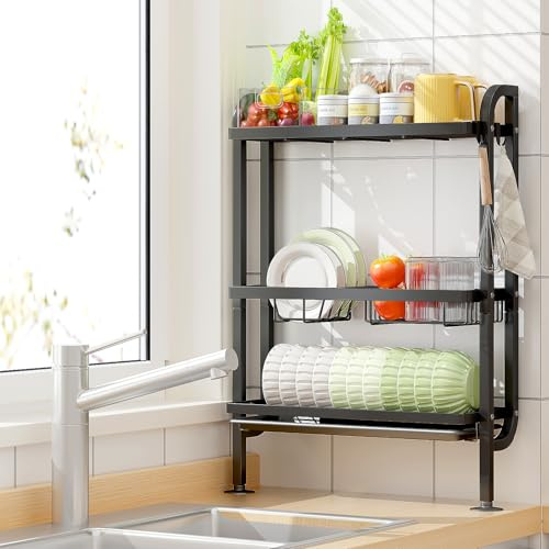 Mointal Escurridor de Platos 3 Niveles sobre Fregadero, Escurreplatos Grande para Encimera con Apoyo de Pared, Sin Taladro, Ventosas, Negro