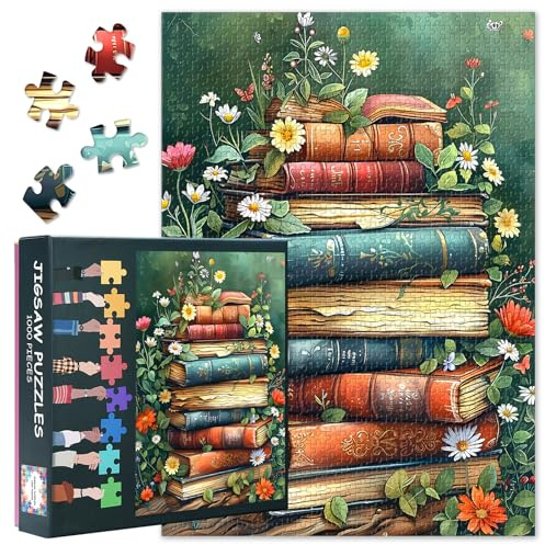 1000 Teile Puzzle für Erwachsene: Antiker Bücherstapel mit Wildblumen (50x70cm) - Weltbuchtag Motiv für Bücherliebhaber, Anspruchsvolles Sammlerpuzzle