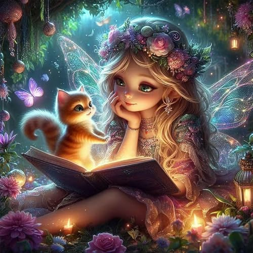 Kit Diamond Painting 5D Completo – Pittura a Diamante Fata con Gattino, DIY Diamond Art per Adulti e Bambini, Relax Hobby Creativo, Decorazione per Casa e Pareti, Idea Regalo Artigianato 30x30 cm
