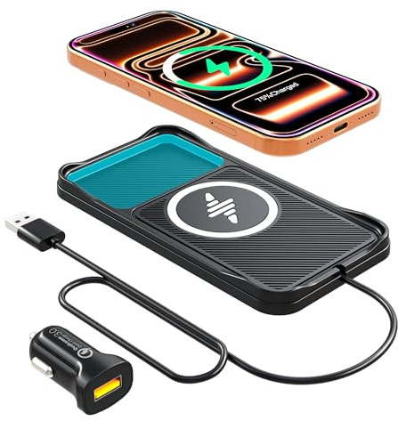 Wireless Car Charger Pad, 15w Fast Car Wireless Chargers Charging pad Non Slip Charger for Car Wireless Phone Charger for iPhone 17/16/15/14/13/12 Pro, SE3/SE2/XS/X/XR/8, 30cm Cable