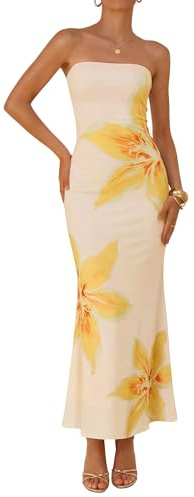 ZESICA Womens Summer Floral Bodycon Maxi Dress 2026 Formal Off Shoulder Strapless Cocktail Wedding Guest Beach Party Dresses,Apricot,Medium