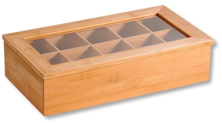 Kesper | Teebox mit 10 Fächern und Sichtfenster, Material: Bambus, Maße: B: 36 x T: 20 x H: 9 cm, Farbe: Braun | 58901 13
