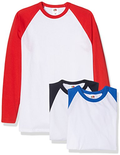Fruit of the Loom Men's Baseball Classic Long Sleeve T-Shirt Pack of 3, White Navy/White Red/White Royal Blue, Medium