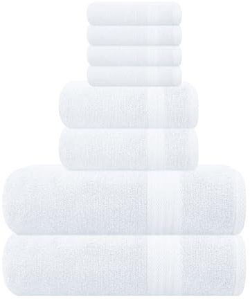 GLAMBURG Ultra Soft 8-Piece Towel Set - 100% Pure Ringspun Cotton, Contains 2 Oversized Bath Towels 27x54, 2 Hand Towels 16x28, 4 Wash Cloths 13x13 - Ideal for Everyday use, Hotel & Spa - White
