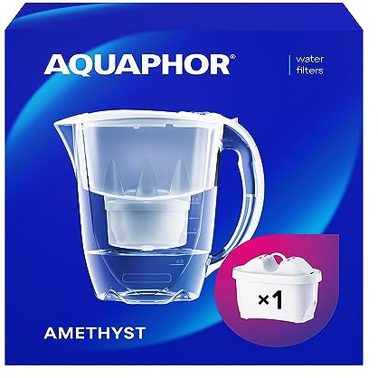 AQUAPHOR Wasserfilter Amethyst Weiß inkl. 1 MAXFOR+ Filter I Karaffe für 2,8l I Passt in die Kühlschranktür I Reduziert Kalk & Chlor I Tischwasserfilter I Stylischer Behälter