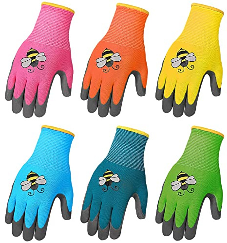Joottuan 6 Pairs Kids Gardening Gloves Yard Work Gloves Children Soft Safety Rubber Coated Gloves for Toddlers Youth Girls Boys Children (Small (Age 3-5))