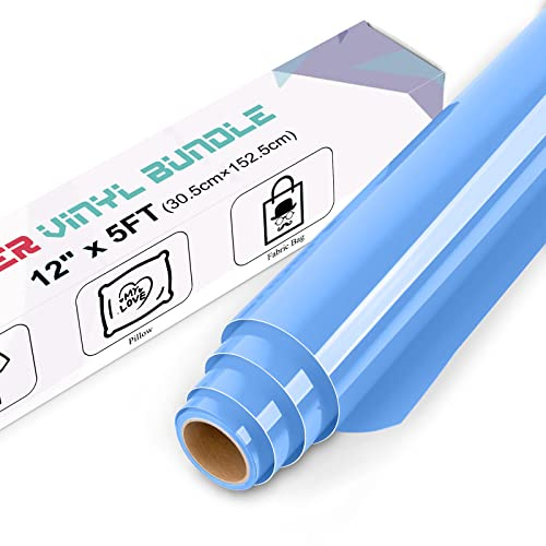 IModeur Sky Blue Heat Transfer Vinyl — 30.5 x 152.5 cm(12'' x 5 Ft) Iron on Vinyl for Fabric, PET Backing Blue Vinyl for T-Shirts, Clothes, Hats, Bags and Other Textiles, HTV Vinyl Roll Easy to Weed