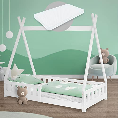 ML-Design Cama Infantil Tipi Blanca con Colchón 80x160 cm Protección Anticaída y Somier Estructura Listones de Madera Maciza de Pino para Niño Forma de Casa con Reja Cama Juvenil Juego Lecho de Suelo