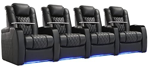 Weilianda Home Theater Seating Top Grain Leather Zero Gravity Recliner Chair Power Headrest Recline Movie Seat Gaming 7 Colors Mood Light Sofa with Tray Table USB Charge Row of 4 Black