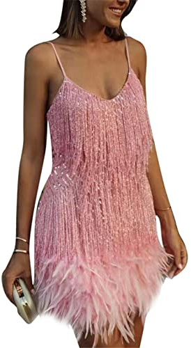 kewing Women Flapper Dresses 1920s Gatsby V Neck Cocktail Dress UK Spaghetti Tassel Feather Stitching Dress Vintage Layered Fringe Clubbing Dress Pink