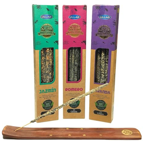 Pack 3 Unidades Incienso Natural Organico Ullas + 1 Tablilla Aromasenses (Lavanda - Romero - Jazmin)