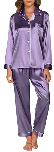 GAESHOW Sommarpyjamas av satin för dam, tvådelad, kortärmad silkespyjamas med knappar, långa byxor, mjukt, bekvämt pyjamasset, storlekar S–XL