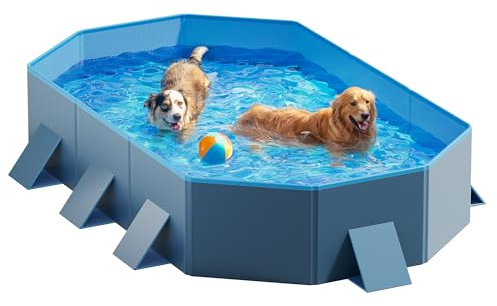 Peteast Foldable Dog Pool with Unique Octagonal Design, Scratch Resistant 71 Lx39 Wx12 D Extra Large Pet Bathtub with Reinforced Sidewalls for Stability, Portable Pool Indoor Outdoor (Blue&Dark grey)