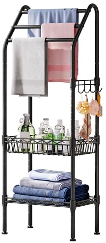 Taotigzu Freestanding Towel Rack 3 Tier,Metal Towel Rail with Storage Basket and Shelf,Adjustable Bathroom Storage Organizer for Swimming Pool,Bathtub,53.1”H x 16.1”W x 11.8”D (3 Tier with basket)