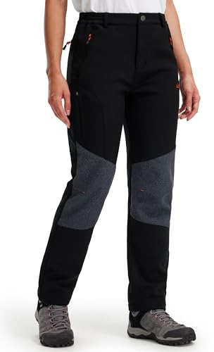 Libin Softshellhose Damen Winter Gefüttert Hose Wanderhose Thermohose Wasserdicht Skihose Winddicht Warm Outdoorhose Trekkinghose, Schwarz Groß