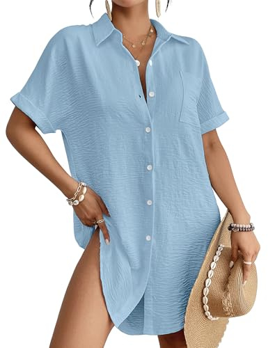 Bsubseach Women Swimsuit Coverup Shirt Dress Button Down Bathing Suit Beach Blouse Beachwear Sky Blue M