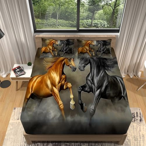 Dunkelbraun Spannbettlaken-Set Tier Kämpfen Pferd Motiv, 90 x 200 cm Gebürstete Mikrofaser Spannbetttuch mit Gummiband, 30 cm Tiefe Taschen Matratzenschoner