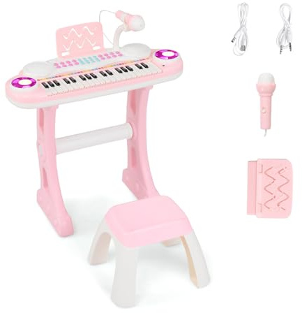 GOPLUS Clavier de Piano à 37 Touches pour Enfant, Piano Numérique Enfant avec Tabouret, Microphone, 8 Sons, Pupitre, Lumières, Jouet Piano Électronique pour Garçon Fille (Rose)