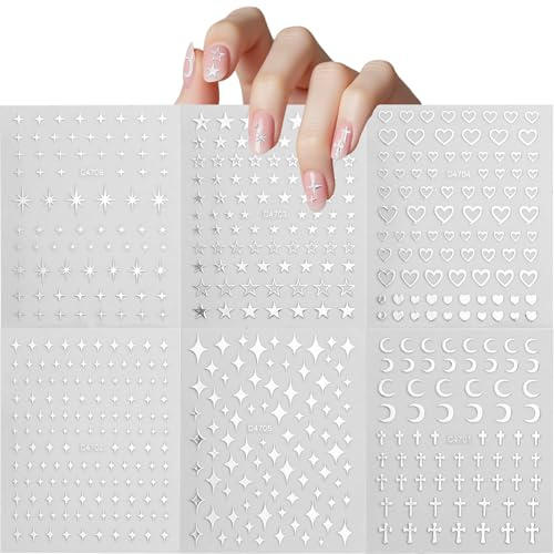 Pegatinas Uñas, Pegatinas Para Uñas, Decoracion Uñas, Pegatinas Uñas Niñas, Pegatinas Para Accesorios Decoración Uñas Con Cruces, Corazones, Corazones Cruzados, Estrellas Y Estrellas Patrón, 6 Hojas