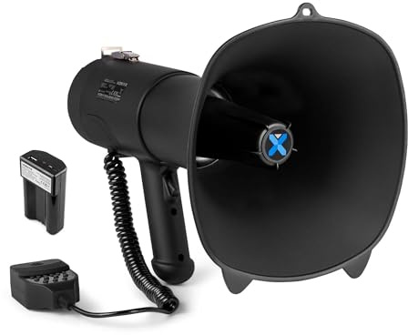 VONYX MEG090 Pack Mégaphone 90W - avec 1x Batterie Rechargeable MRB12, Portée Jusqu’à 1,4 km, Micro Main Détachable, Bluetooth & Lecteur MP3, Idéal pour Manifestations et Matchs Sportifs