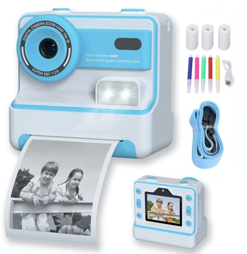 Appareil Photo Enfant, Appareil Photo Instantané 2.4 Écran avec Papier d'impression et Carte 32GB, Mode Video, Jouet Cadeau pour Filles Garçons Enfant de 3-14 Ans (Bleu)