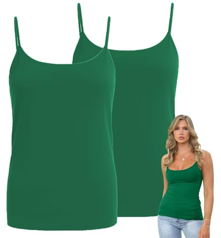 Hamishkane® Dam enkel bodycon cami rem ärmlösa linnen, förpackning med 2 smal passform rund hals väst toppar kvinnor Storbritannien, stretchig gymkläder, avslappnad sommar damer cami topp, grön