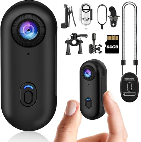 bayehngs 1080P Thumb Action Camera, Wearable Small Body Camera, Tiny Size Hands Free POV Recording Body Worn Camera, Helmet Cam for Cycling, Motorcycle (Accessory Kit Version with 64G Card, Black)
