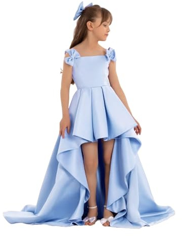 Ztikolen Light Blue Girl Pageant Dresses Satin | High Low Gown with Bow for Purple-Themed Weddings & Easter Pageants Size 8