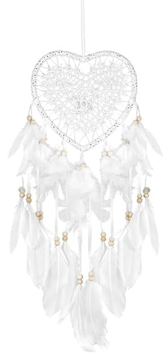 White Heart Dream Catcher, Handmade Lace Dreamcatcher with Feathers & Beads, Boho Wall Hanging Decoration for Bedroom, Living Room, Wedding & Gift