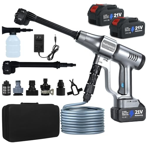 Huhomco Cordless Pressure Washer Battery Powered; 1200PSI Cordless Power Washer with 6-in-1 Nozzle, 16.4FT Kink-Free Hose, 2×4.0Ah Batteries; Portable Power Wash for Home Car Garden Patio (Gray)